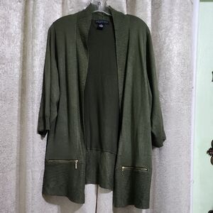 Joan Vass Olive Green Open-Front Cardigan with Gold Zippers